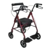 Vista semilateral de la andadera rollator híbrida de color rojo en donde se puede ver como hay un soporte en medio para poder sentarse y subir los pies, además de un sistema de frenado.