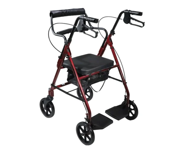 Vista semilateral de la andadera rollator híbrida de color rojo en donde se puede ver como hay un soporte en medio para poder sentarse y subir los pies, además de un sistema de frenado.