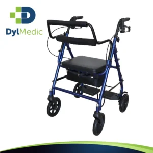 Vista semilateral de la andadera rollator híbrida de color azul en donde se puede ver como hay un soporte en medio para poder sentarse y subir los pies, además de un sistema de frenado.