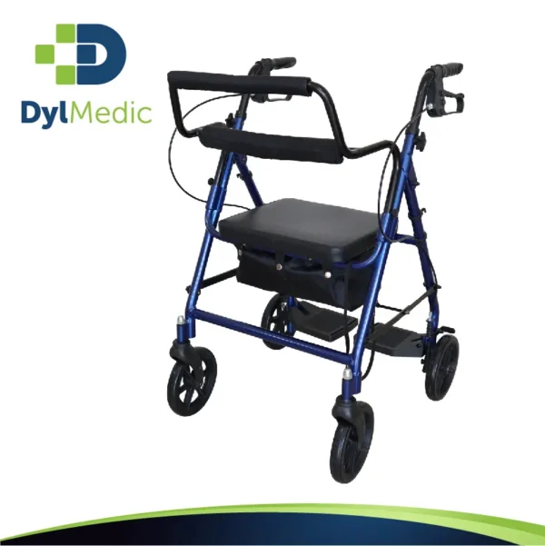 Vista semilateral de la andadera rollator híbrida de color azul en donde se puede ver como hay un soporte en medio para poder sentarse y subir los pies, además de un sistema de frenado.