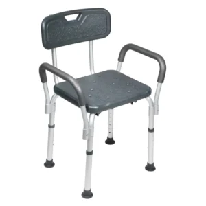 Vista general de una silla para ducha con descansabrazos y respaldo color gris oxford sobre un fondo blanco.