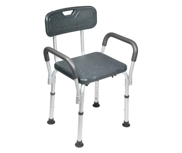 Vista general de una silla para ducha con descansabrazos y respaldo color gris oxford sobre un fondo blanco.