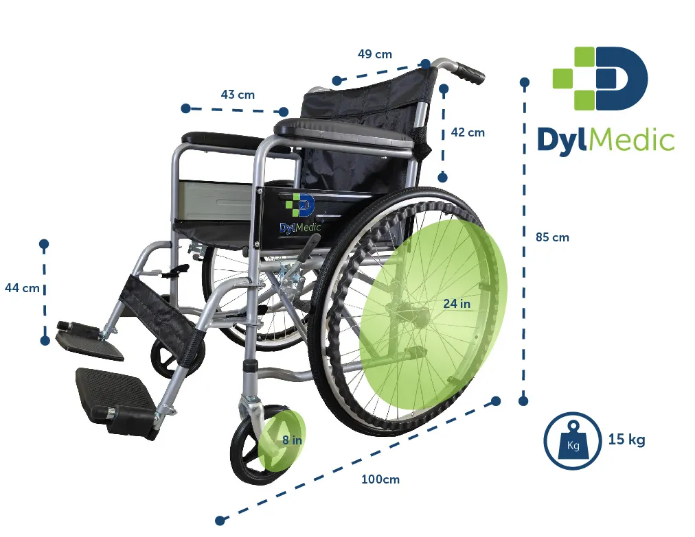 Silla de ruedas bariátrica DylMedic con múltiples medidas: Ruedas de 24 pulgadas, ancho de asiento de 43 cm, y pesa 15 kg
