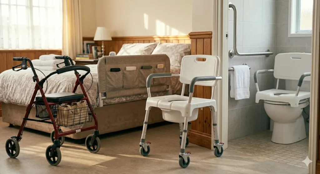 Un plano detalle de un barandal de cama ergonómico instalado en una cama de aspecto hogareño y cómodo. Al lado de la cama, se encuentra una silla cómodo lista para usarse.