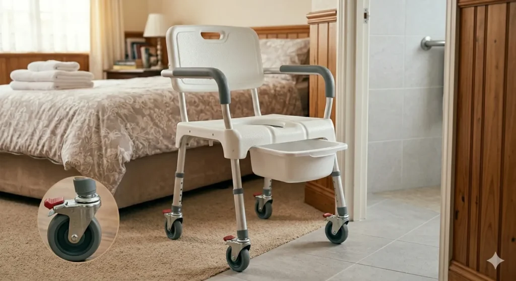 Una silla cómodo con ruedas situada cerca en la entrada del baño.
