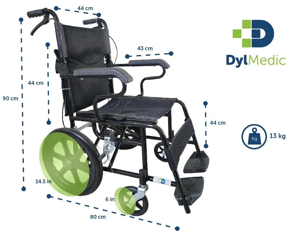 Silla de ruedas bariátrica DylMedic con ruedas de 14.5 pulgadas. Medidas completas: 90 cm alto, 80 cm largo. Pesa 13 kg