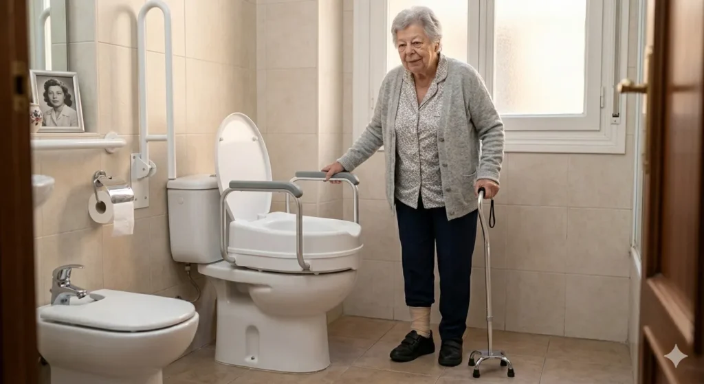 Vista general de una mujer de edad mayor dentro de un baño con un incremento WC como equipo médico CDMX.