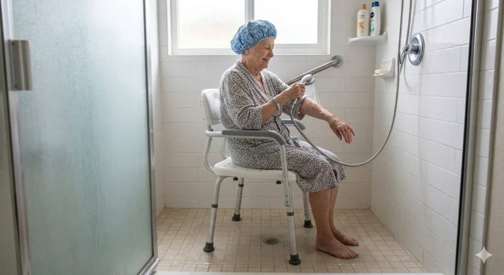 Vista general de una mujer de edad avanzada usando una silla de ducha como un equipo médico Monterrey.
