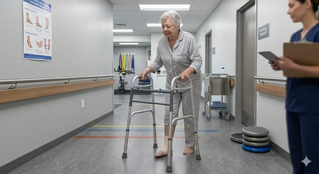 Vista general de una mujer mayor usando una andadera para poder moverse de forma independiente en un hospital gracias a un equipo médico Monterrey.