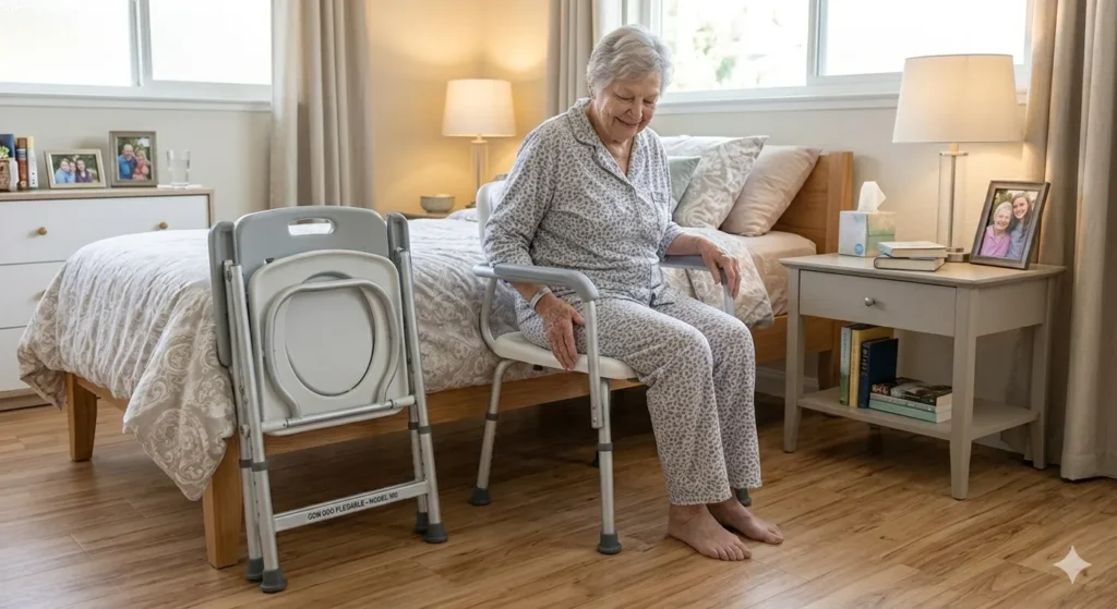 Vista general de una mujer de edad mayor dentro de su habitación con un cómodo plegable al lado de su cama con un equipo médico Monterrey.