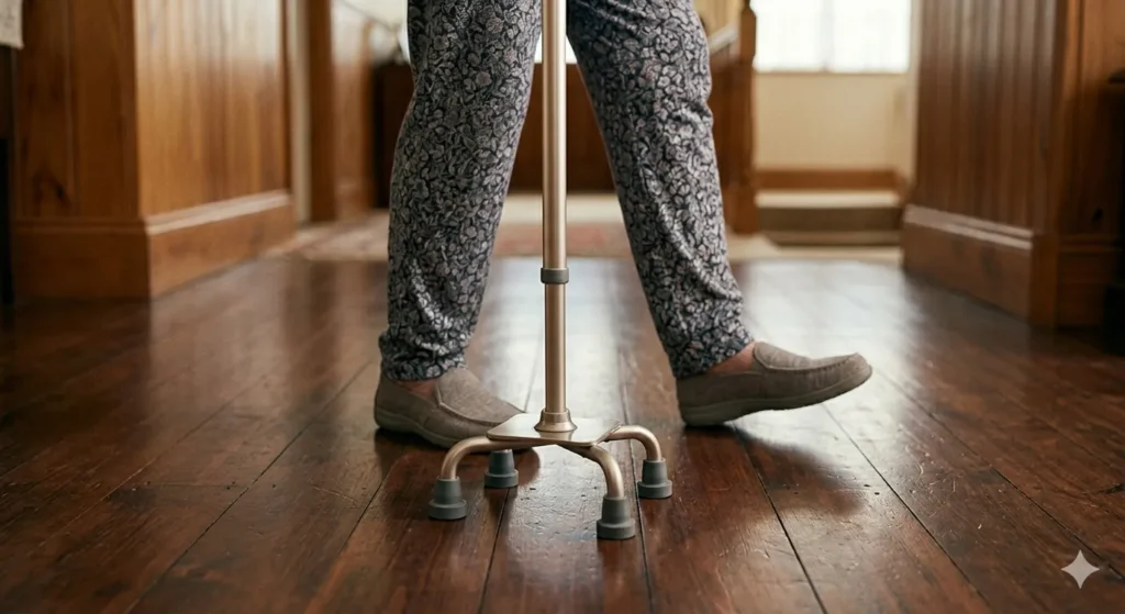 Primer plano de los pies de una persona mayor caminando por un suelo de madera. Un pie está firmemente plantado sobre la base de un bastón de 4 puntos.