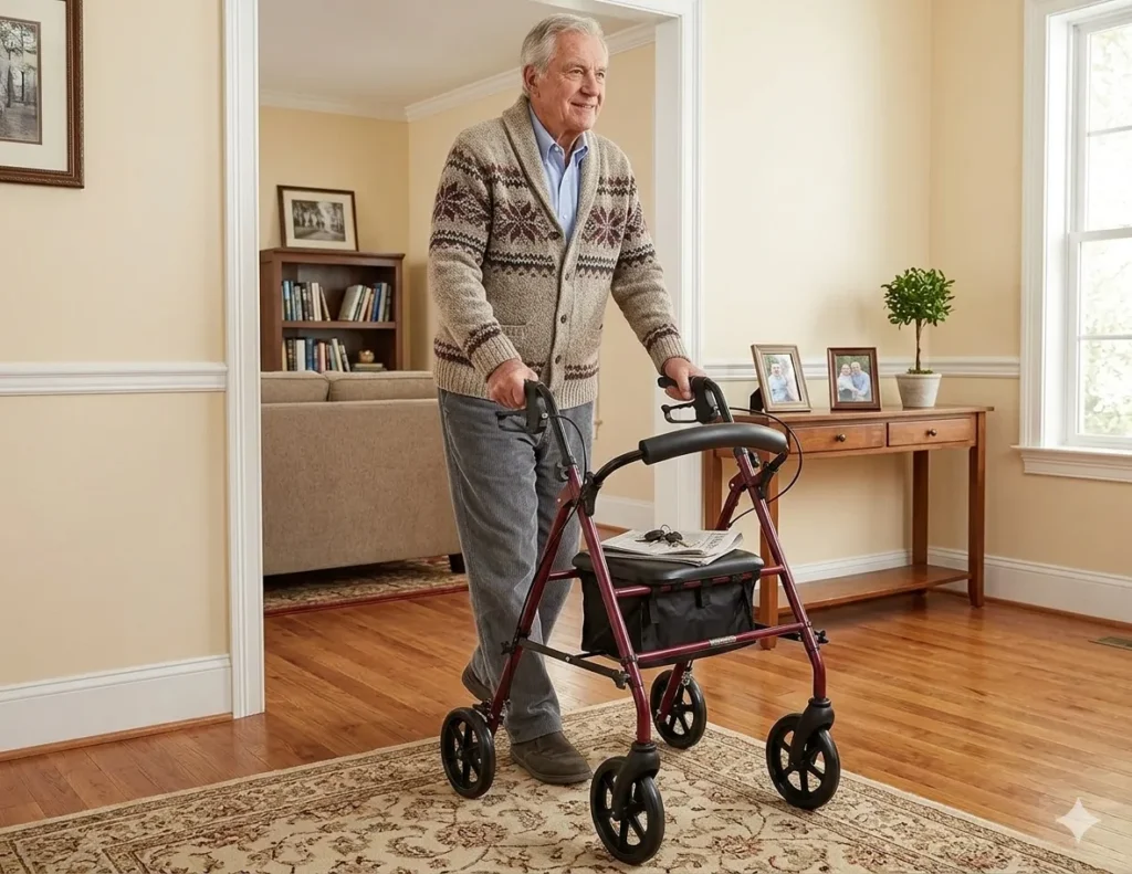 Adulto mayor utilizando andadera ergonomica durante su día a día